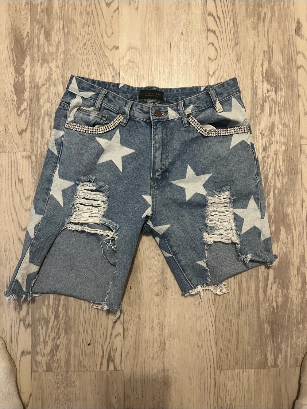 American Bazi Distressed Star Print Denim Shorts - Light Blue & White